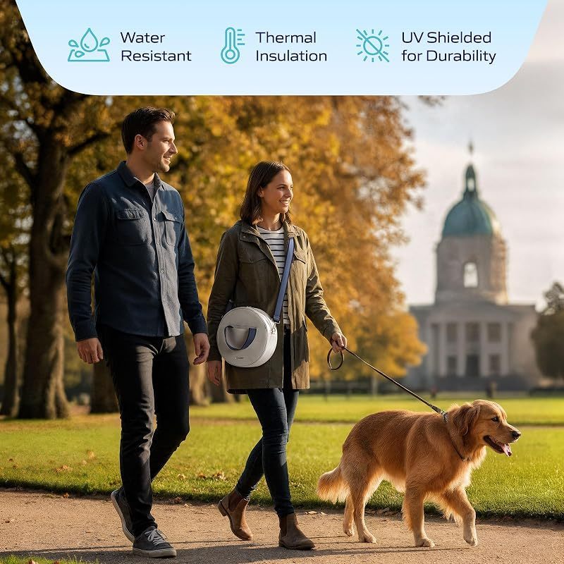 Dog Walking Tote Bag with Water Dispenser Holder – Insulated Water-Resistant Bag Fits Maxi & Mini Bowls, Poop Bag Dispenser Included, Stylish Pet Carrier for Walks, Car Trips & Daily Adventures