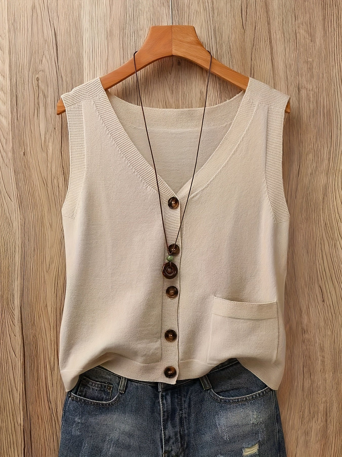 Artistic Vintage Knit Vest Women Loose V-Neck Sleeveless Cardigan Button Down with Pocket Spring Summer 2026 Collection – Acrylic Soft Knit