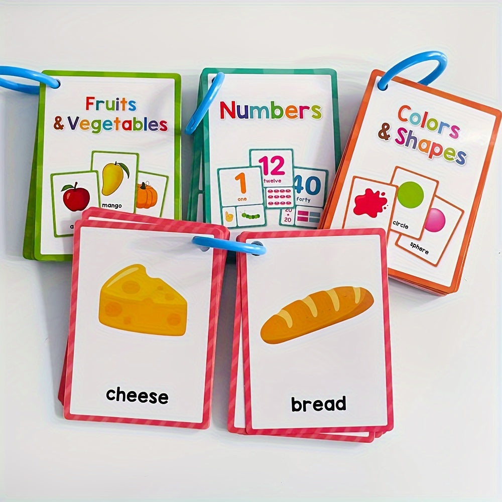 80pcs Educational Flash Cards for Kids Numbers Colors Shapes Fruits Vegetables Food Vocabulary with English Labels & 4 Sorting Rings Durable Learning Flashcards for Toddlers Preschool Kindergarten