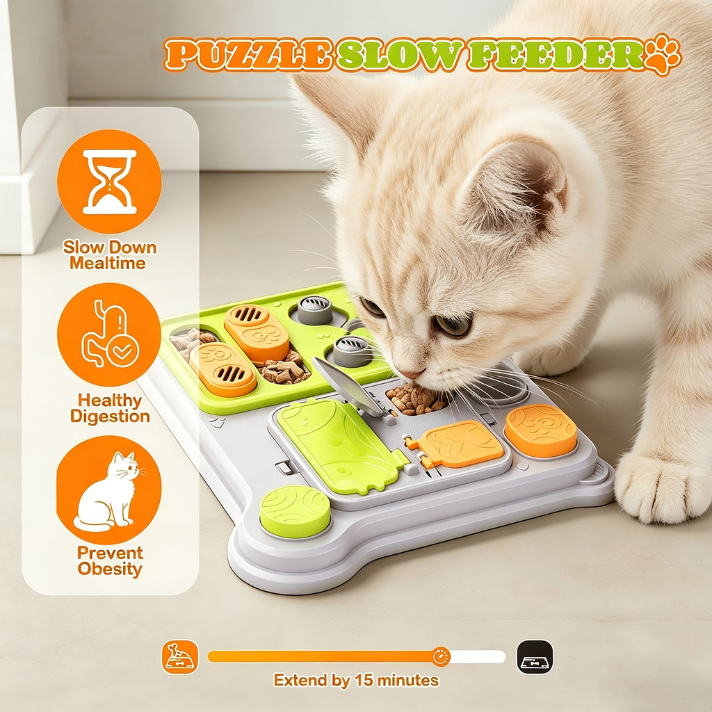 Cat Puzzle Slow Feeder Bowl – Interactive Brain Training Toy & Slow Feed Dish for Indoor Cats, Anti-Gulping IQ Enrichment Game, Dual-Purpose Entertainment & Feeding Accessory