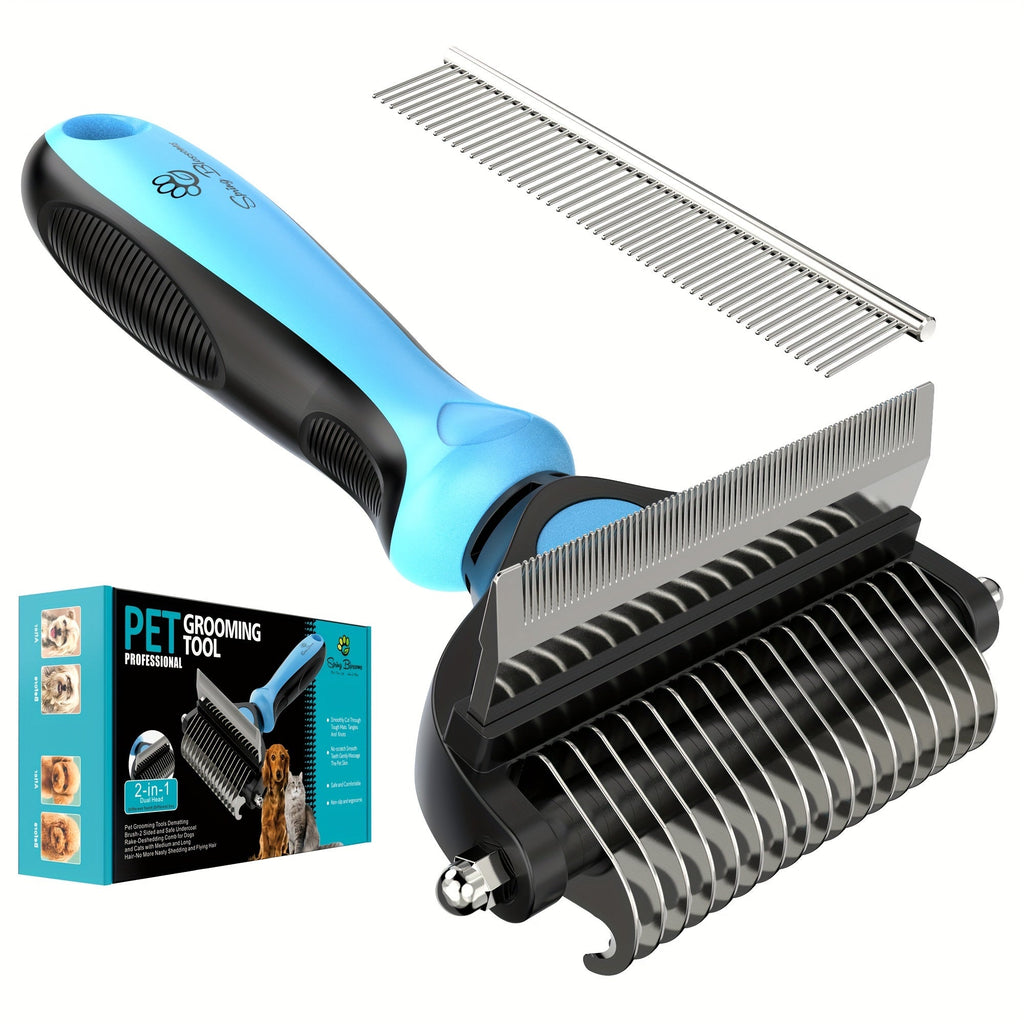 Double-Sided Pet Deshedding & Dematting Brush for Dogs & Cats - Undercoat Grooming Tool for Short to Long Hair, Gentle Shedding Brush Removes Loose Fur & Tangles, 2 Colors (Cyan/Yellow)