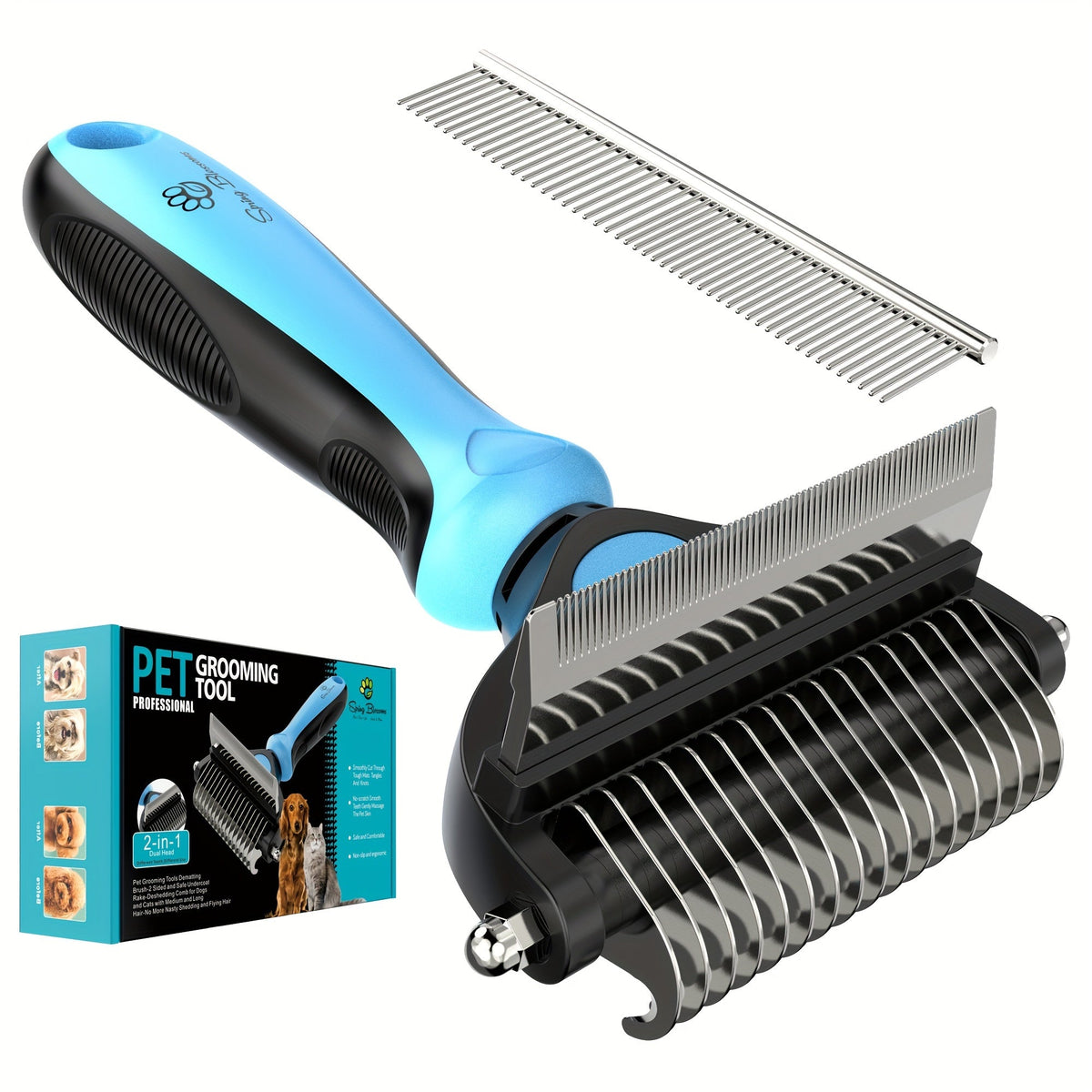Double-Sided Pet Deshedding & Dematting Brush for Dogs & Cats - Undercoat Grooming Tool for Short to Long Hair, Gentle Shedding Brush Removes Loose Fur & Tangles, 2 Colors (Cyan/Yellow)
