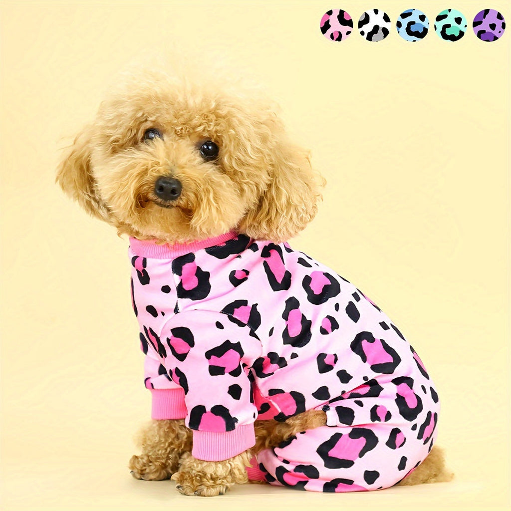 Pink Leopard Print Dog Pajamas for Small Dogs & Cats – Plush Soft Cozy Pet Jammies, Glamorous Leopard Texture Onesie Sleepwear for Puppies and Kittens, Stylish Indoor Dog Apparel and Pet Gift