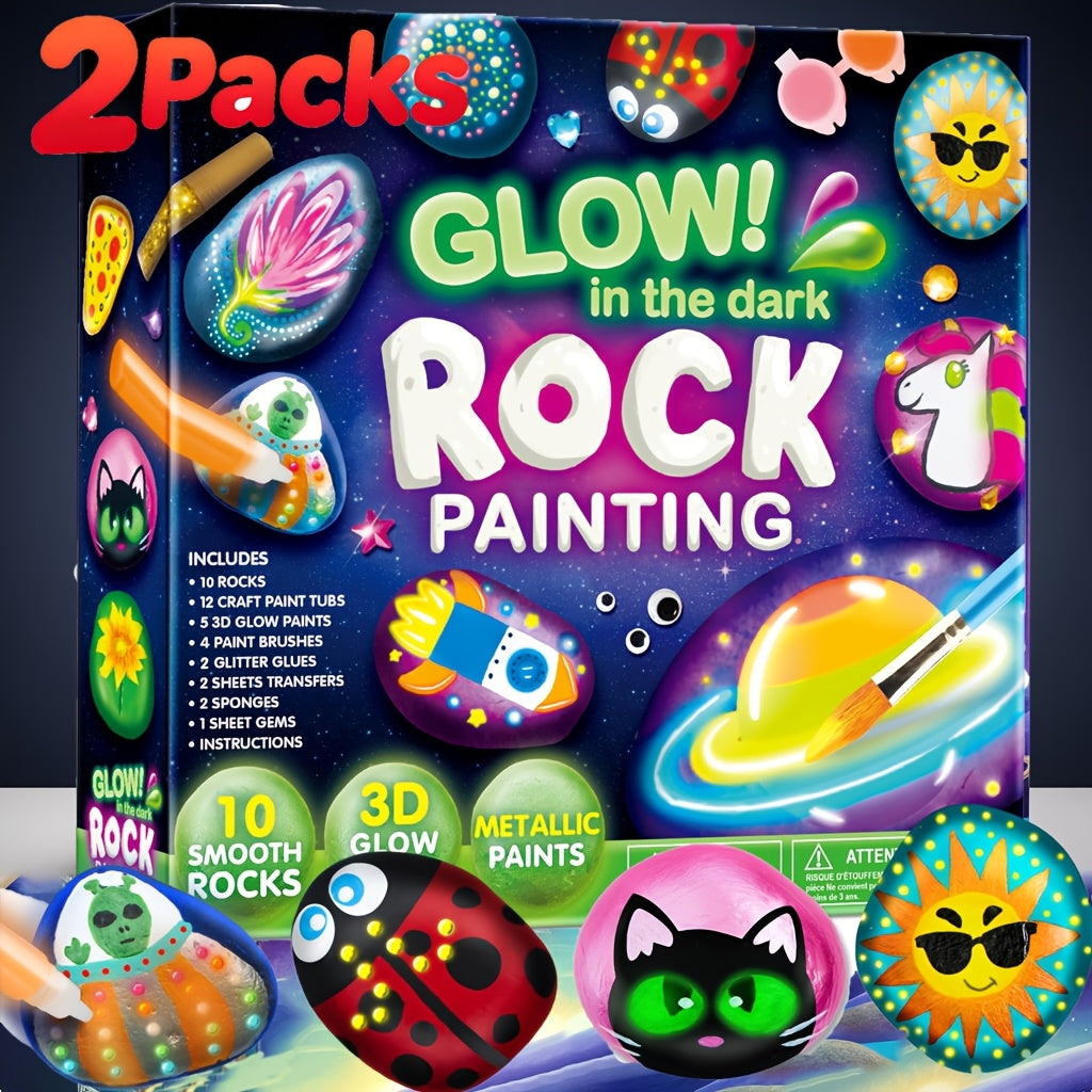 Glow in the Dark Rock Painting Kit for Kids Ages 6+ Arts and Crafts Set with 10 Rocks 6 Standard 6 Metallic 5 Glow Paints Brushes Gems Stickers Non-Toxic Birthday Easter Gift Boys Girls