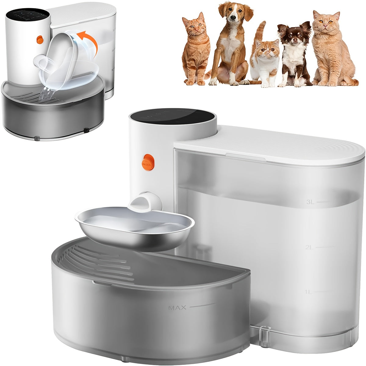 Smart Filterless Cat Water Fountain Stainless Steel 3.5L - Self-Refill Tipping Fountain with Wastewater Separation, Always Fresh Water, 118.4oz Ultra-Silent Plug-and-Play Pet Water Dispenser for Cats