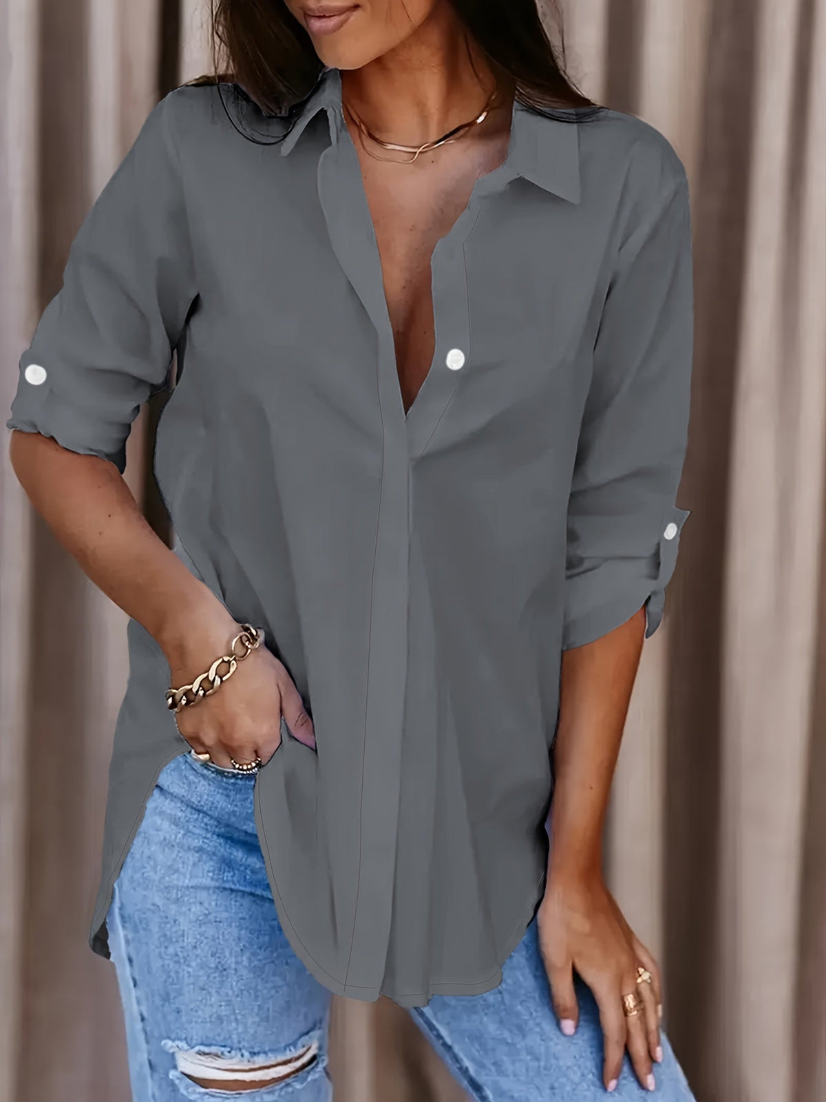 Women's Button Down Shirt Long Sleeve Collared V-Neck Solid Color Casual Blouse Top for Women
