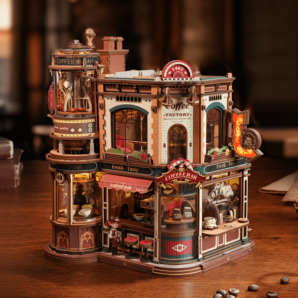 ROBOTIME 3D Wooden Puzzle Dream Coffee Factory Model with Mechanical Moving Parts, LED Lighting & Music - Wood Desk Decor Building Kit, Creative Gift for Hobbyists, Adults & Office Display