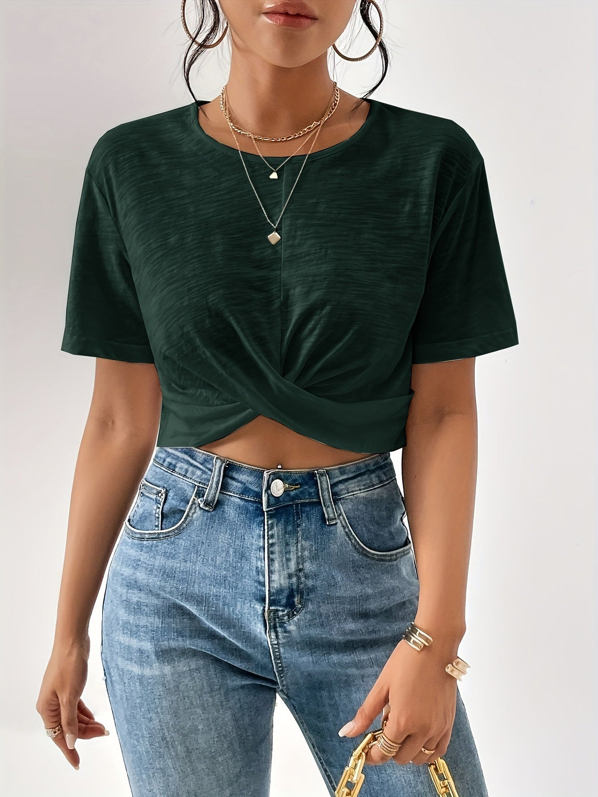 Women's Twist Front Crop Top Short Sleeve T-Shirt Solid Color Casual Summer Tops Cute Streetwear XS-XXL 8 Colors