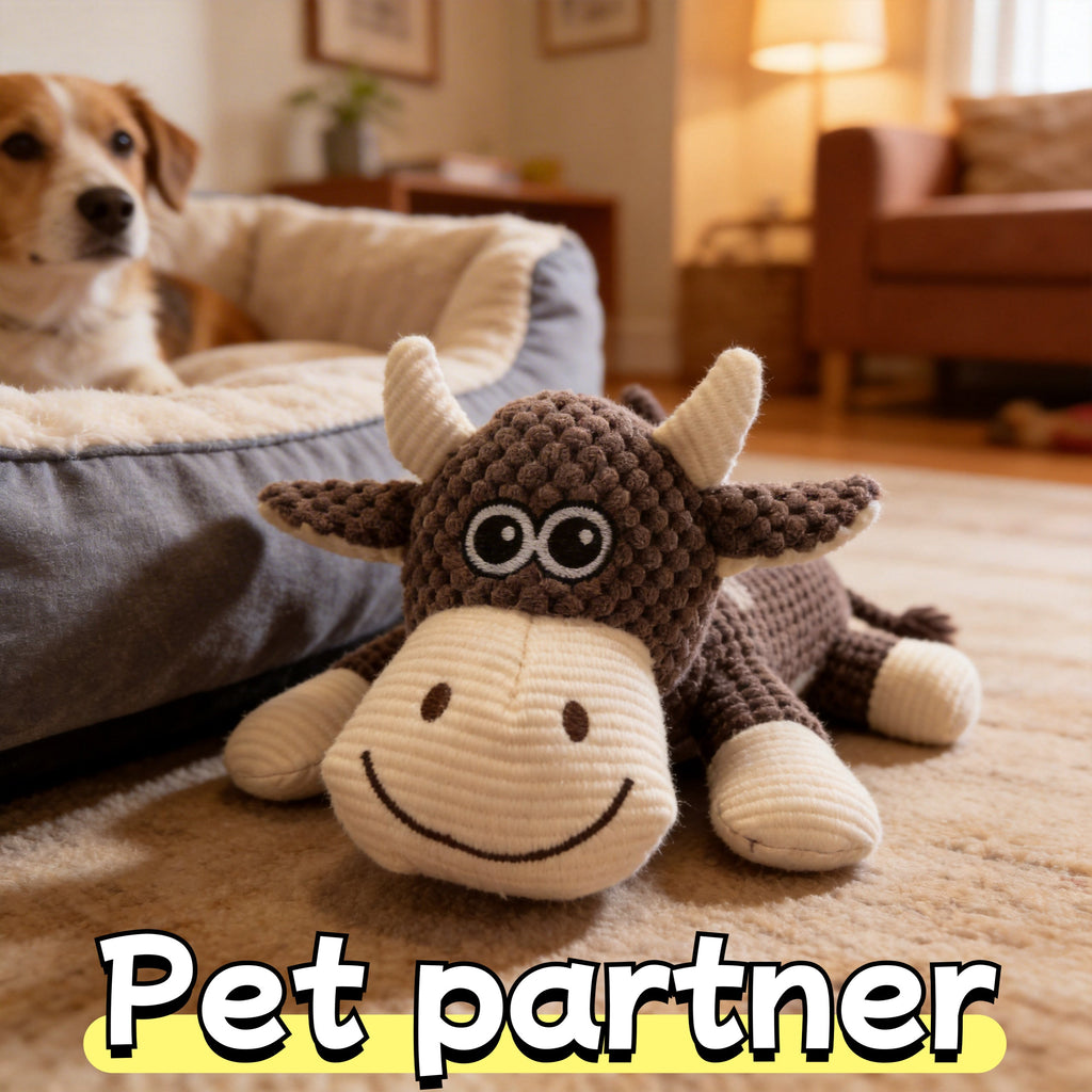 Cute Lazy Cow Plush Squeaky Dog Toy for Small to Medium Dogs – Soft Skin-Friendly Chew Toy with Built-In Squeaker, Teething & Dental Cleaning, Interactive Companion Toy, 2 Sizes