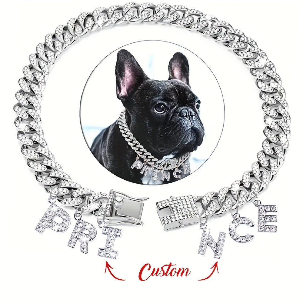 Personalized Rhinestone Dog Necklace Collar with Letter Pendant Tag – Sparkling 13mm Cuban Chain Dog Collar, Custom Initial Charm, Double Lock Design for Small Medium Dogs, Luxury Pet Jewelry Gift