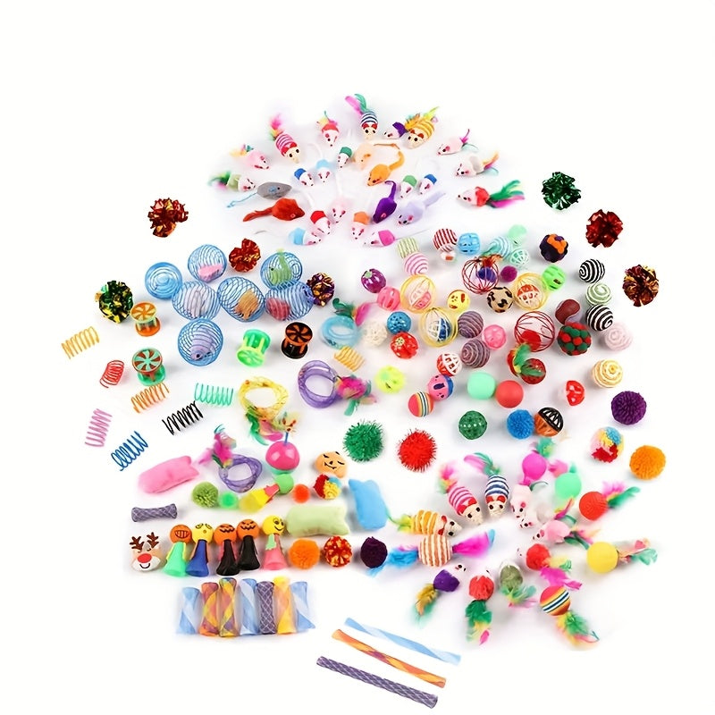 Cat Toy Mixed Bag 100 Pack - Random Variety of Plastic & Plush Toys with Feathers for Cats, Multi-Cat Household Interactive Self-Entertainment Toy Assortment, Kitten Play Set