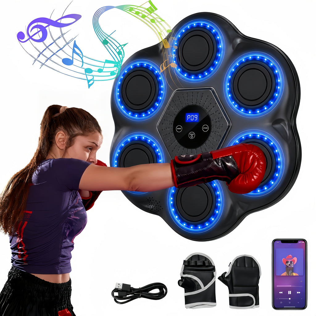 Wall Mounted Music Boxing Machine with LED Lights & Wireless Bluetooth – 9 Speed Levels, 9 Modes, Intelligent Hit Counter, Adjustable Height, No-Drill Install, Home Gym Punching Trainer with Free Boxing Gloves