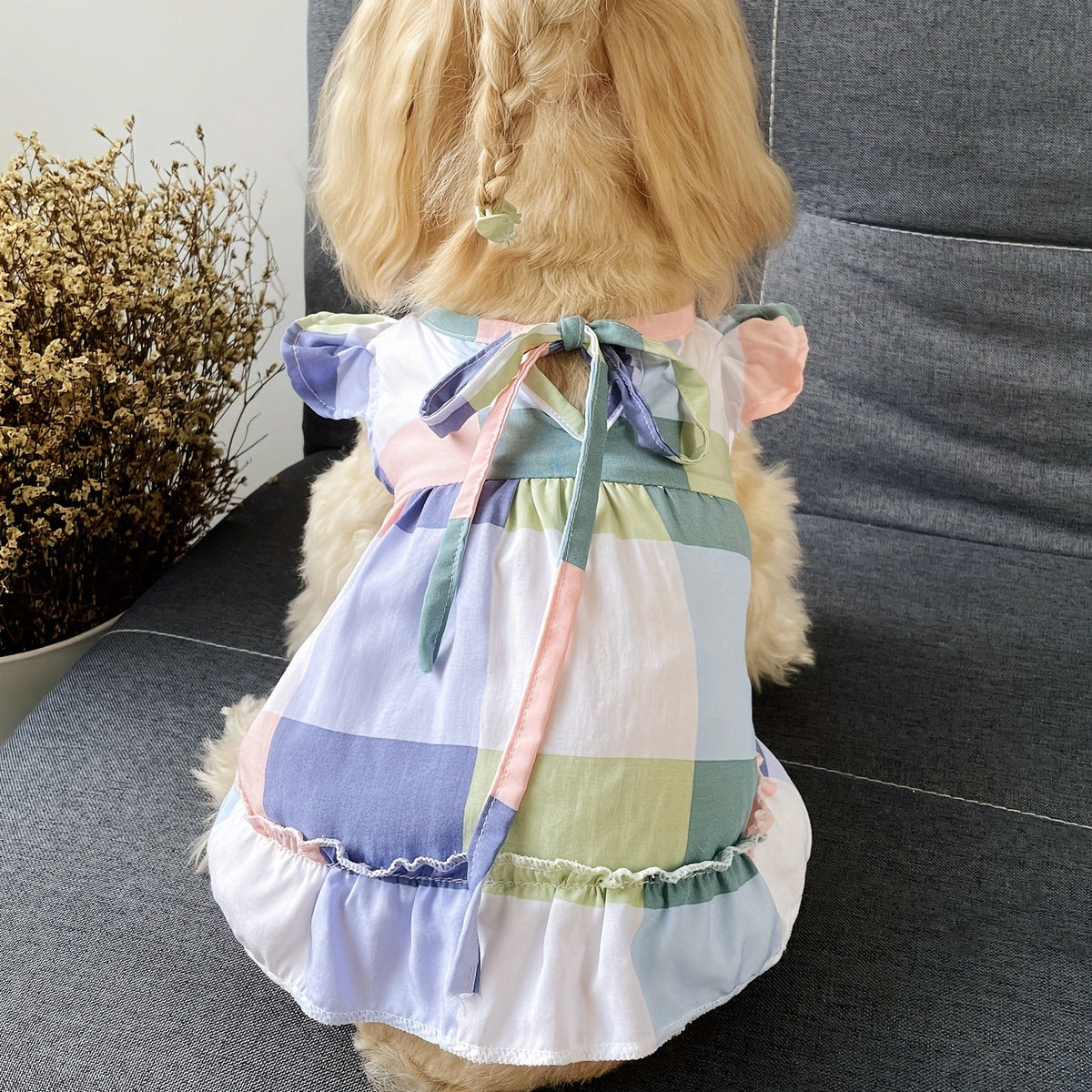 Pet Plaid Skirt Dress V-Neck Flutter Sleeve Tie-Up for Dogs and Cats – Breathable Vacation Style Summer Outfit, XS to XXL, Cute Floral Sundress for Small Medium Pets, Mixed Colors