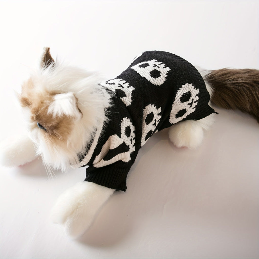 Halloween Dog Sweater Black Skull Pattern - Thermal Knit Pullover for Small to Medium Dogs, Machine Washable Winter & Autumn Coat for Chihuahuas, Yorkies & Pomeranians, Festive Halloween Pet Costume (S/M/L)