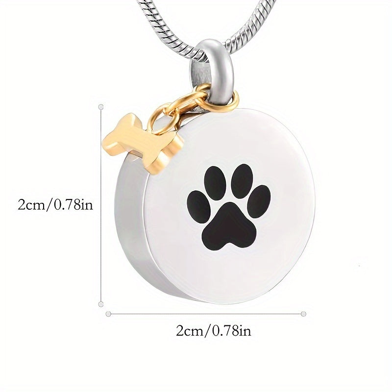 Pet Paw Print Urn Necklace for Ashes - Round Stainless Steel Keepsake Locket Pendant for Dog & Cat Memorial, Cremation Jewelry Ashes Holder for Pet Loss (Silvery)