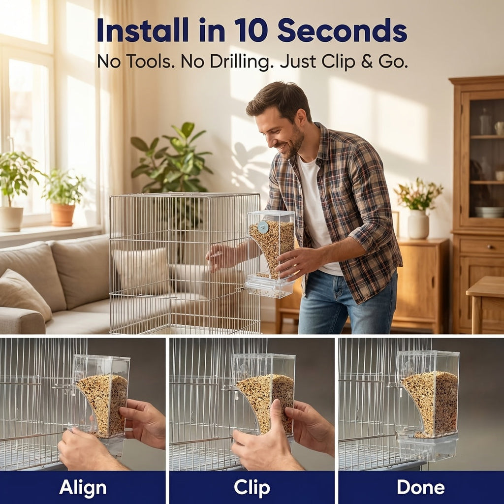 Transparent Acrylic Automatic Bird Feeder - Spill-Proof Bird Food Dispenser for Cage & Outdoor Use - Easy Clean Seed Feeder for All Birds Parrots Parakeets Wild Birds - No Battery Required