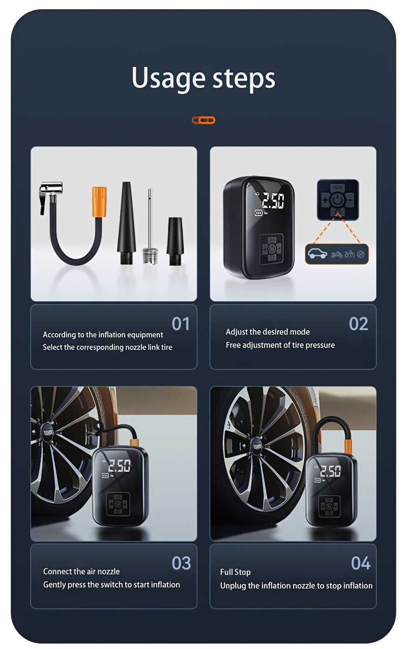 Portable Cordless Tire Inflator 150PSI Digital Display USB-C Rechargeable 4000mAh for Car Motorcycle Bike Ball