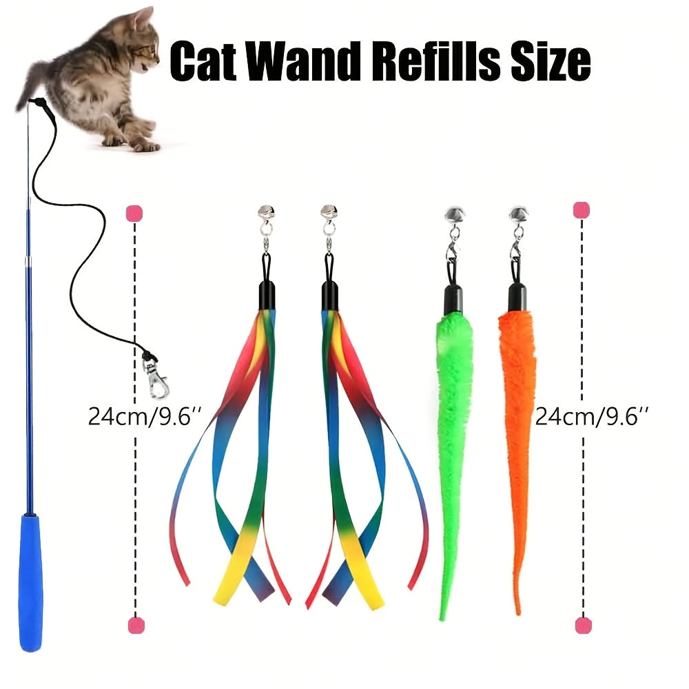 Interactive Cat Teaser Wand Toy Set 8pcs – Retractable Wand with 5 Fuzzy Worm Refills & 2 Ribbon Refills, Detachable Bell, No Battery Needed, Suitable for All Cats & Kittens