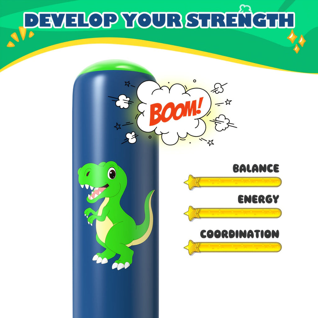 Dinosaur Inflatable Punching Bag 48 Inch for Kids – Stable Bop Bag Boxing Set with Gloves for Karate, Taekwondo & Active Play, Fun Dinosaur Toy Gift for Boys & Girls, Blue & Red