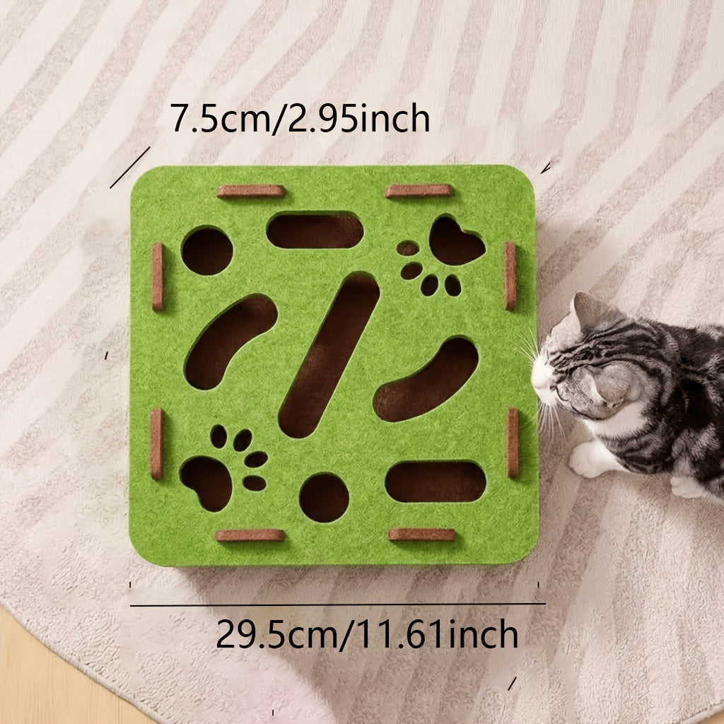Felt Cat Treasure Hunt Maze Toy Tray - Interactive Ball Retrieval Educational Toy Box, No-Tool Assembly, Detachable Cover for Easy Cleaning, Scratch-Proof Thickened Felt, Upgraded Model, Green