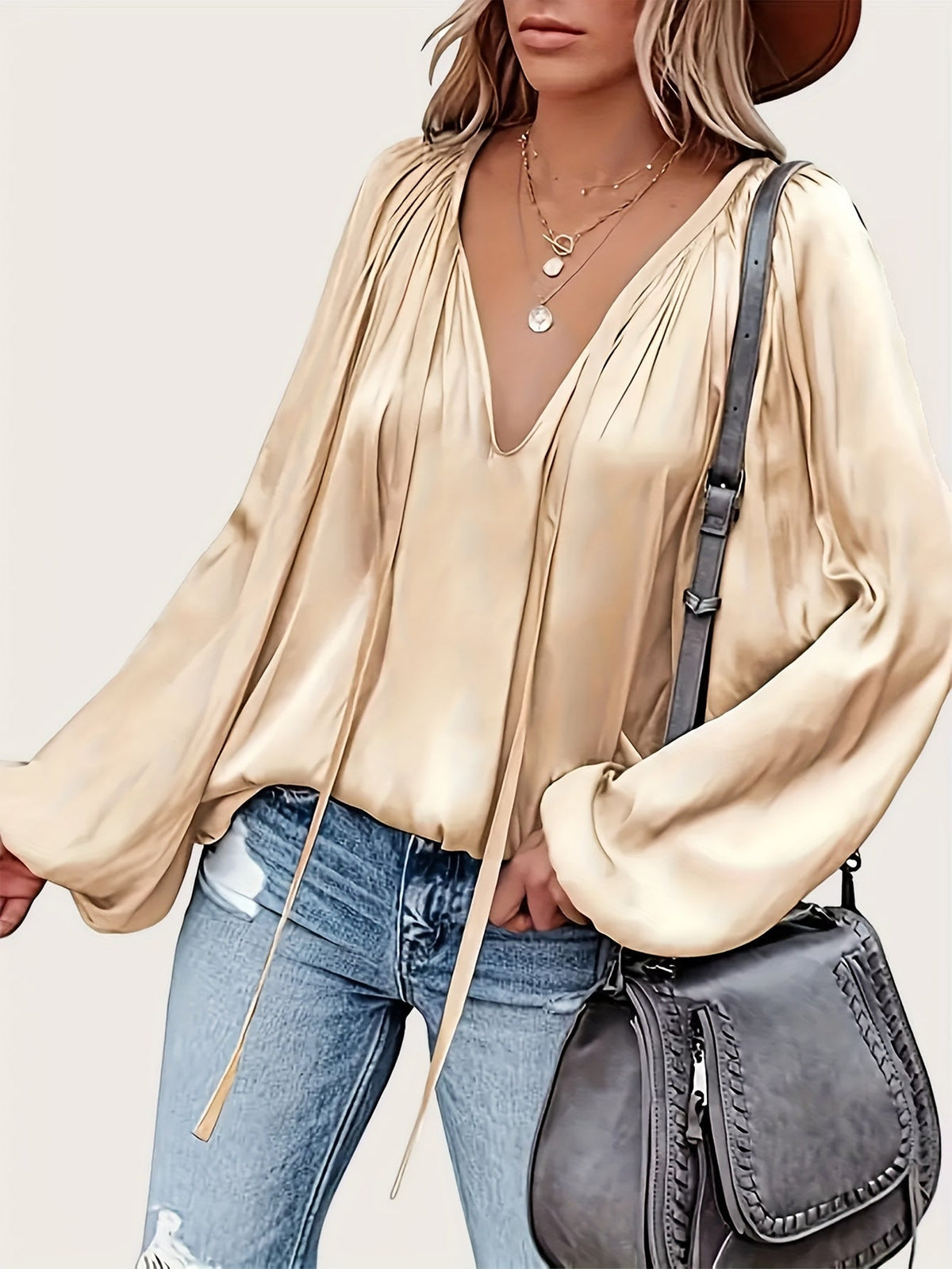 Women's Tie Neck Lantern Sleeve Blouse - Solid Color Ruched Loose Fit Casual Long Sleeve Top for Spring Fall | Comfortable Everyday Wear S-XXL