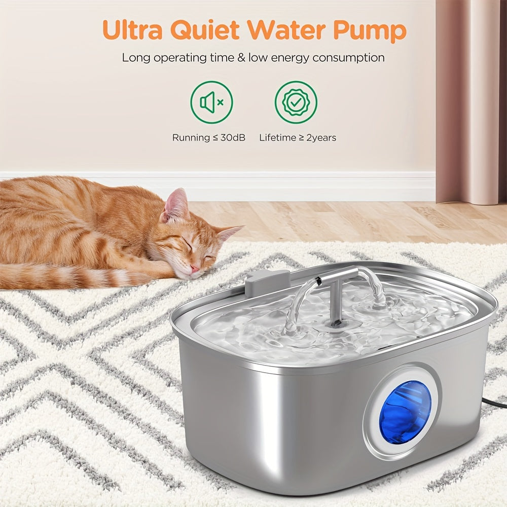 Pet Water Fountain 108oz Stainless Steel Smart Automatic - Silent Faucet Stream Dispenser with Transparent Window for Cats & Dogs, Optional Filters & Chip Sensor