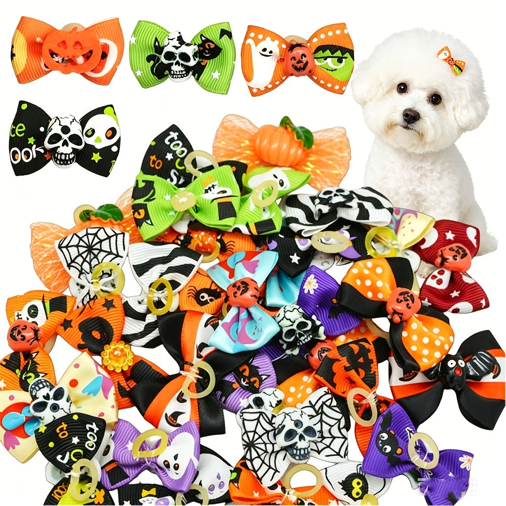 20pcs Halloween Dog Hair Bows with Rubber Bands – 40mm Yorkie Puppy Grooming Ribbons in Mixed Colors & Patterns – Cute Holiday Pet Hair Accessories for Small Dogs & Cats