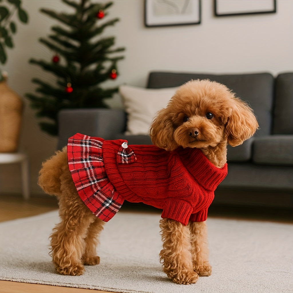 Dog Christmas Sweater Dress for Small Dogs with Bowtie Turtleneck Warm Knitted Puppy Sweater Dress with Leash Hole for Chihuahua Yorkie Havanese Bichon – Holiday Winter Dog Clothes Xmas Pet Outfit