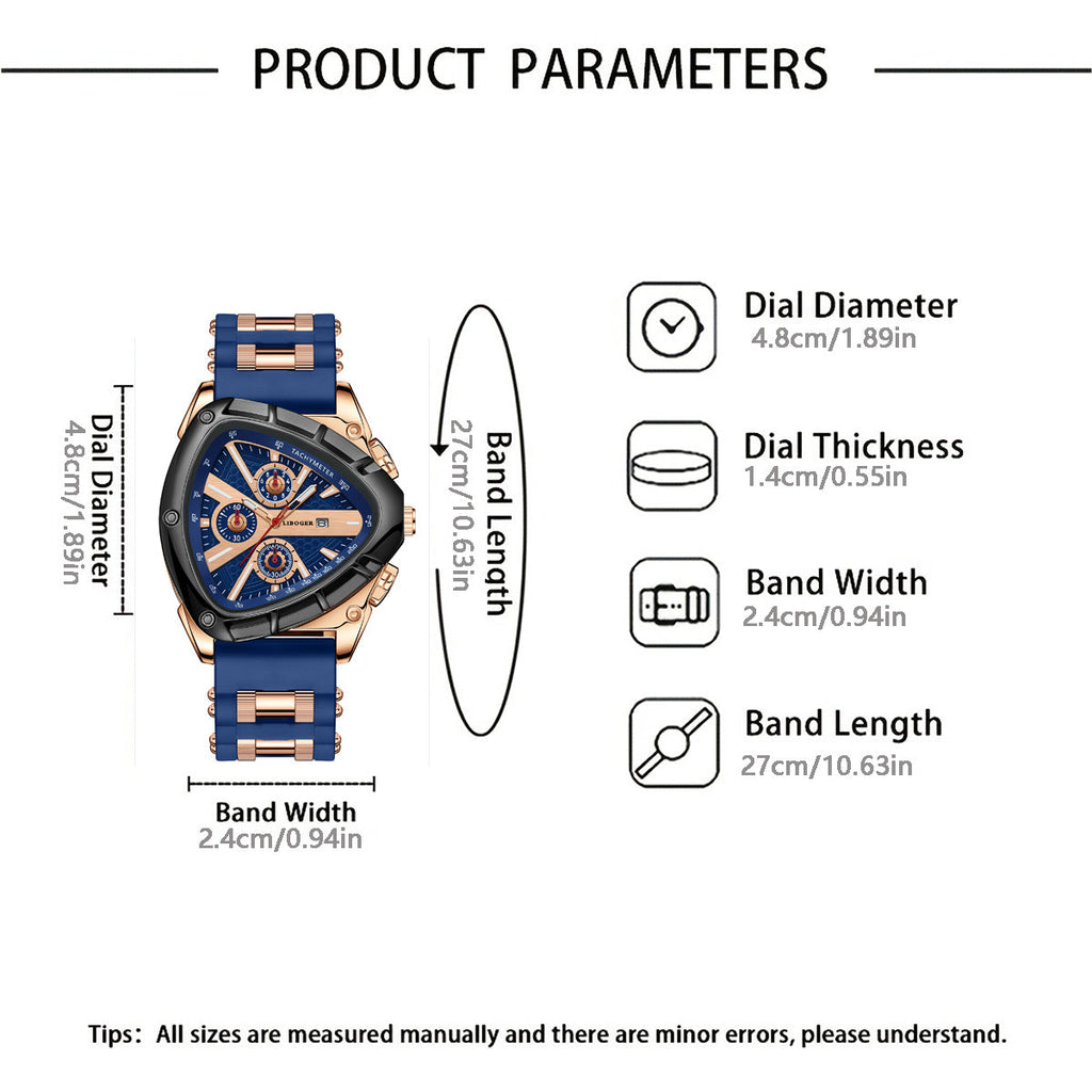 Men's Luxury Quartz Watch Triangular Dial Silicone Band Date Display Chronograph Business Casual Wristwatch 5 Colors