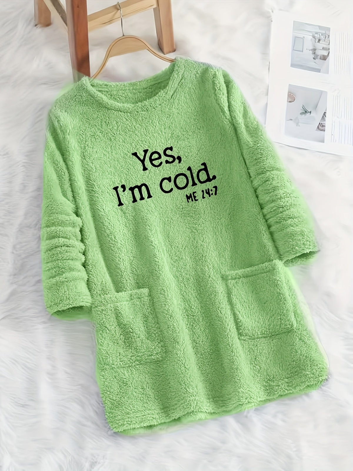 Women's Double-Sided Letter Print Sweatshirt – 100% Polyester Crew Neck Long Sleeve Casual Pullover with Pocket for Fall Winter