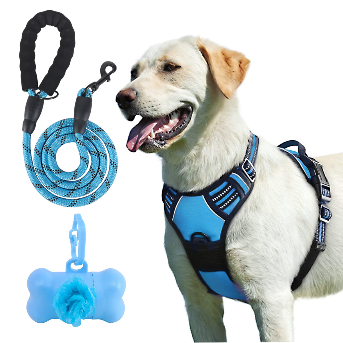 4-Piece Dog Harness and Leash Set No-Pull No-Choke Reflective Oxford Vest Harness with Leash Poop Bag Dispenser Easy Control Handle for Medium Large Dogs Outdoor Training Walking