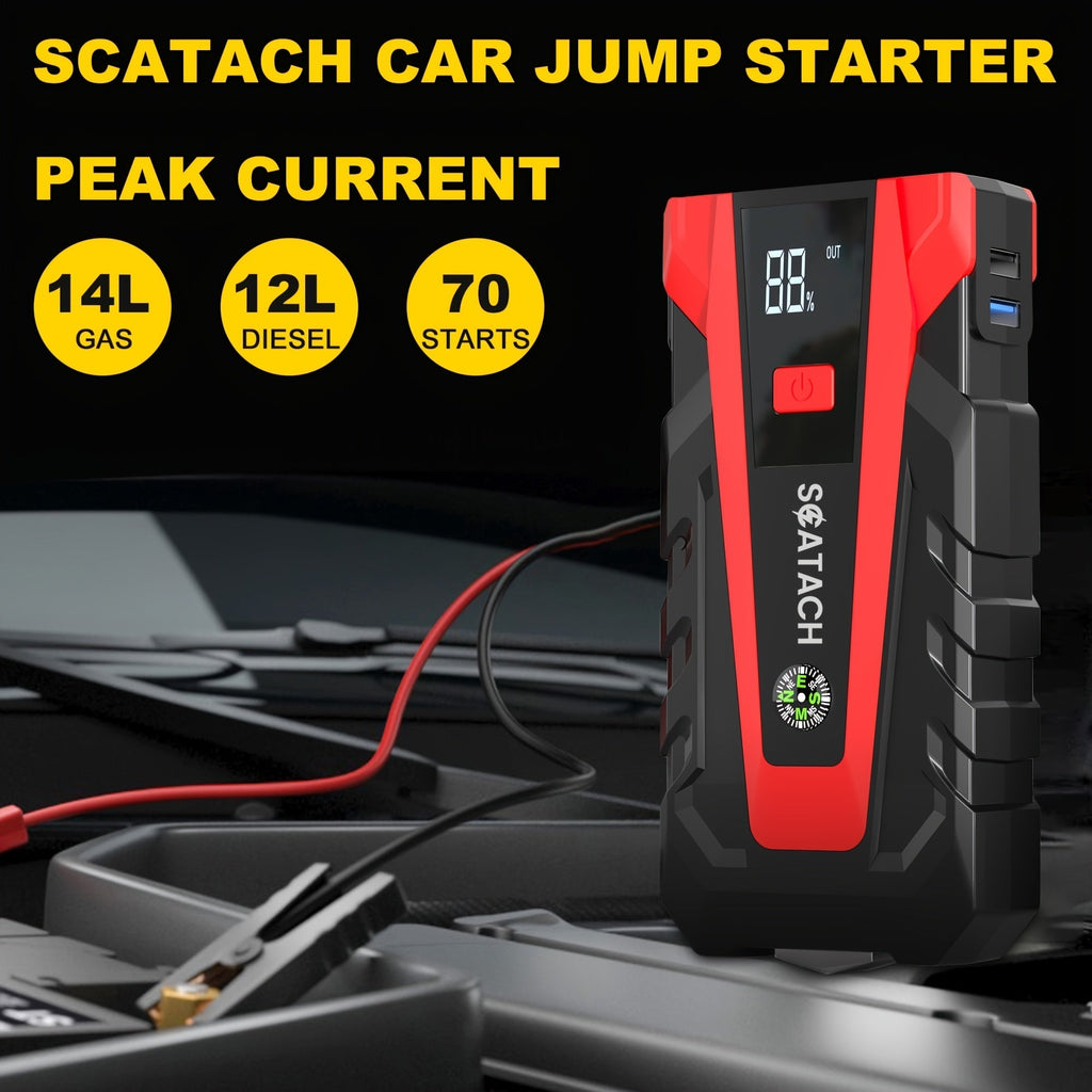 Car Jump Starter with Air Pump & Digital Tire Pressure Gauge – 12V Portable Emergency Starter for Cars, Trucks, SUV, RV & Motorcycles, LED Display, SOS Light & Window Breaker