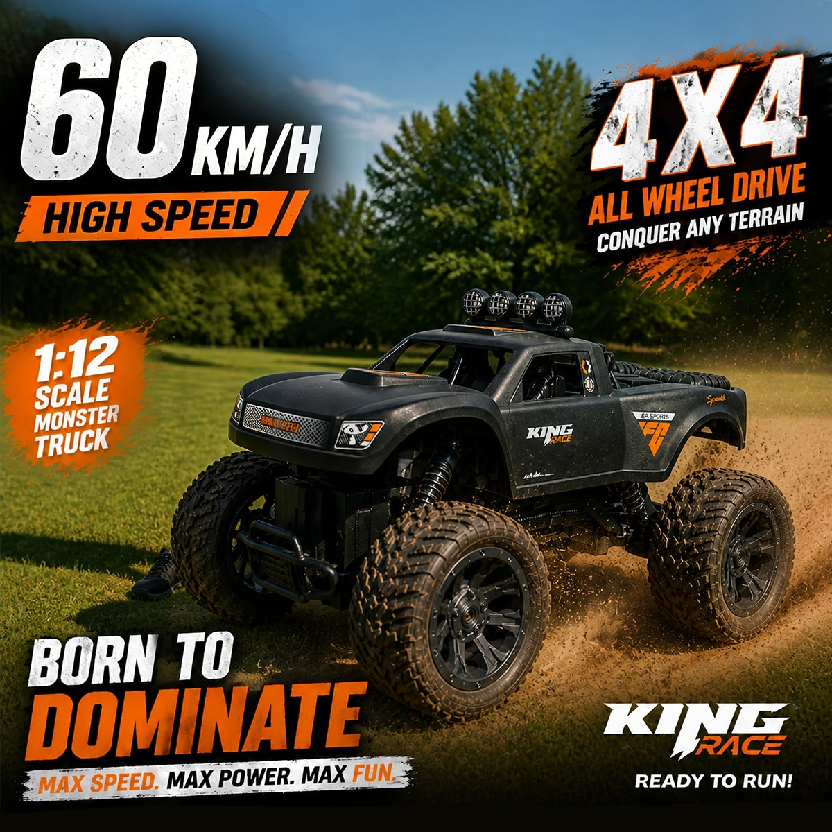 4x4 RC Off-Road Truck 1:12 Scale 60KM/H High Speed Remote Control Monster Truck All-Wheel Drive All-Terrain RC Car with Rechargeable Battery for Kids Boys Girls Age 6+