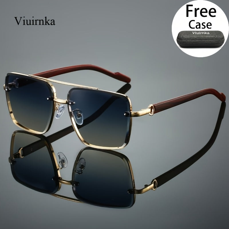 UV400 Square Sunglasses with Case for Men Women – Double Bridge Retro Wood Grain Frame, Polarized-Style Unisex Shades for Driving, Travel, Beach & Street Style, 7 Colors