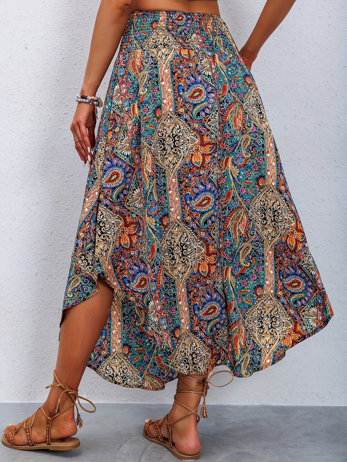 Women's High-Waisted Pleated Skirt – Stylish Printed Curved Hem Casual Midi Skirt for Summer, Spring & Everyday Wear