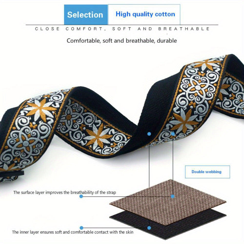 Adjustable Embroidered Guitar Strap with PU Leather Ends – Boho National Style, 35–57 Inch Length, Fits Acoustic, Electric, Classical Guitar & Bass, 11 Unique Designs