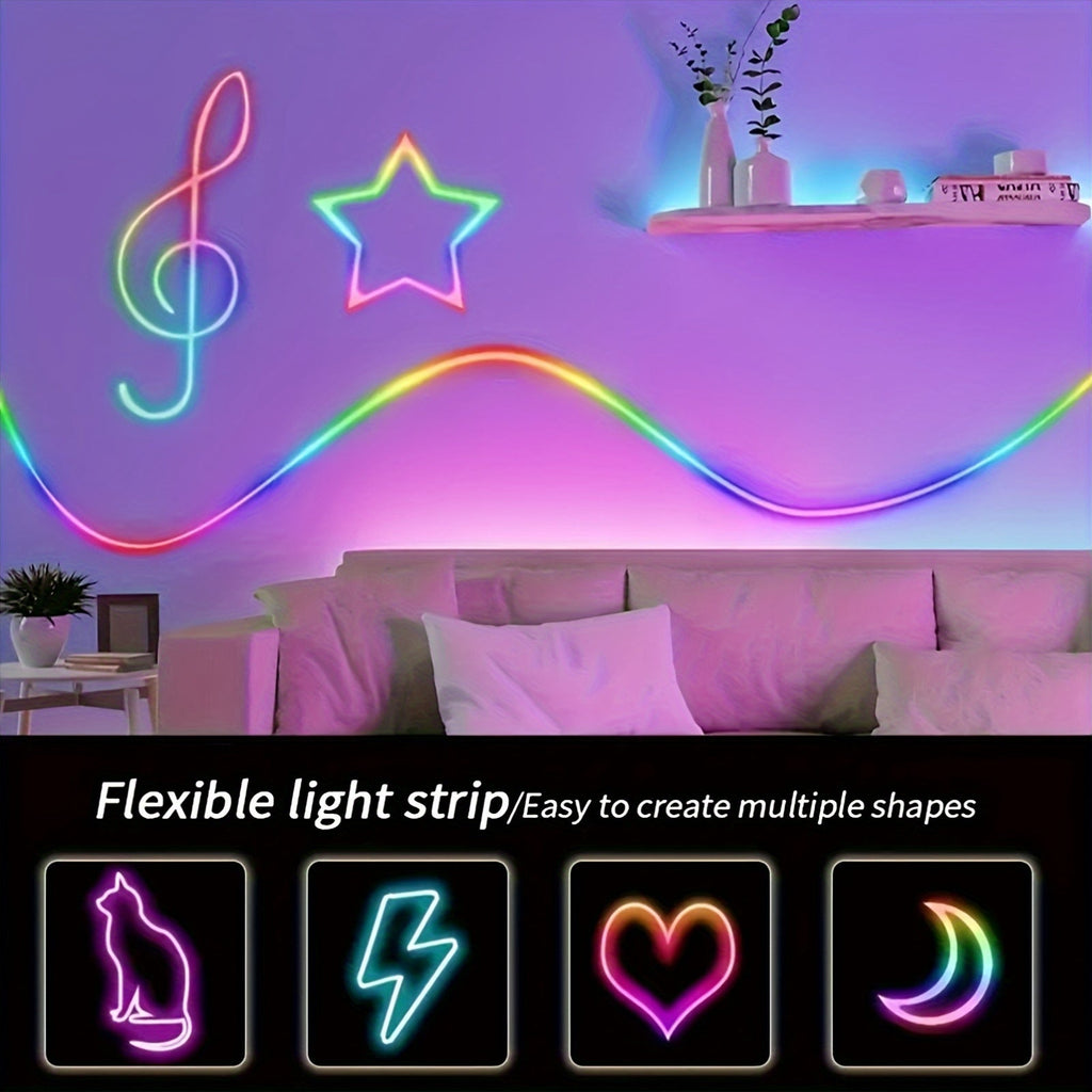 RGB LED Neon Rope Light IP65 Waterproof – App & Remote Control, Music Sync Color-Changing Silicone Strip 3.2ft/9.8ft/16.4ft for Gaming, Bedroom, Indoor & Outdoor Decoration