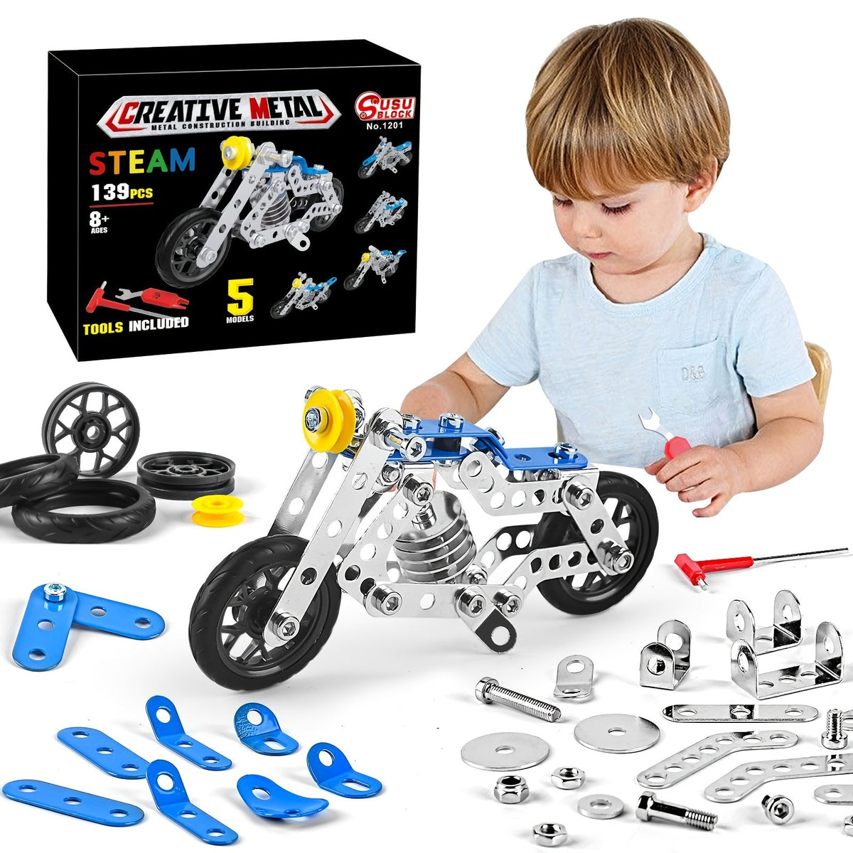 Metal Erector Set Motorcycle STEM Building Kit 139 Pieces for Kids Age 8+, 5-in-1 Multi-Shape Motorbike Construction Model Toy, STEAM Educational Engineering Gift for Boys Girls Teens