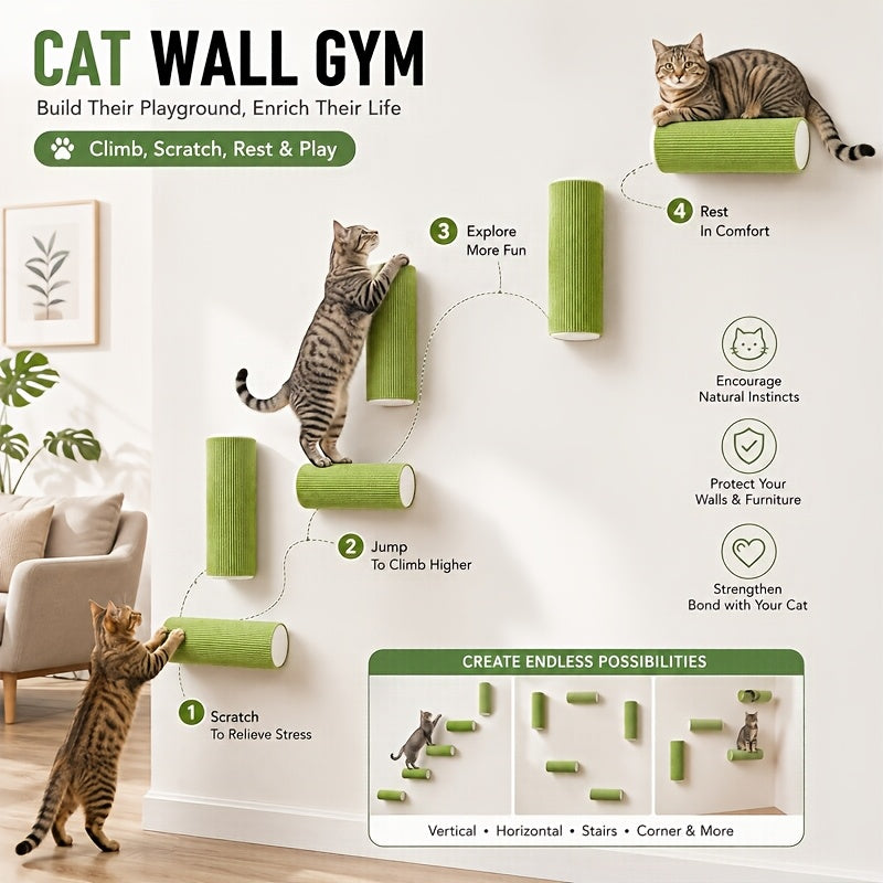 Wall-Mounted Cat Scratching Post – Self-Adhesive Cylindrical Sisal Scratcher, Horizontal & Vertical Combination Assembly, Space-Saving Claw Sharpening for Indoor Cats, 6 Colors