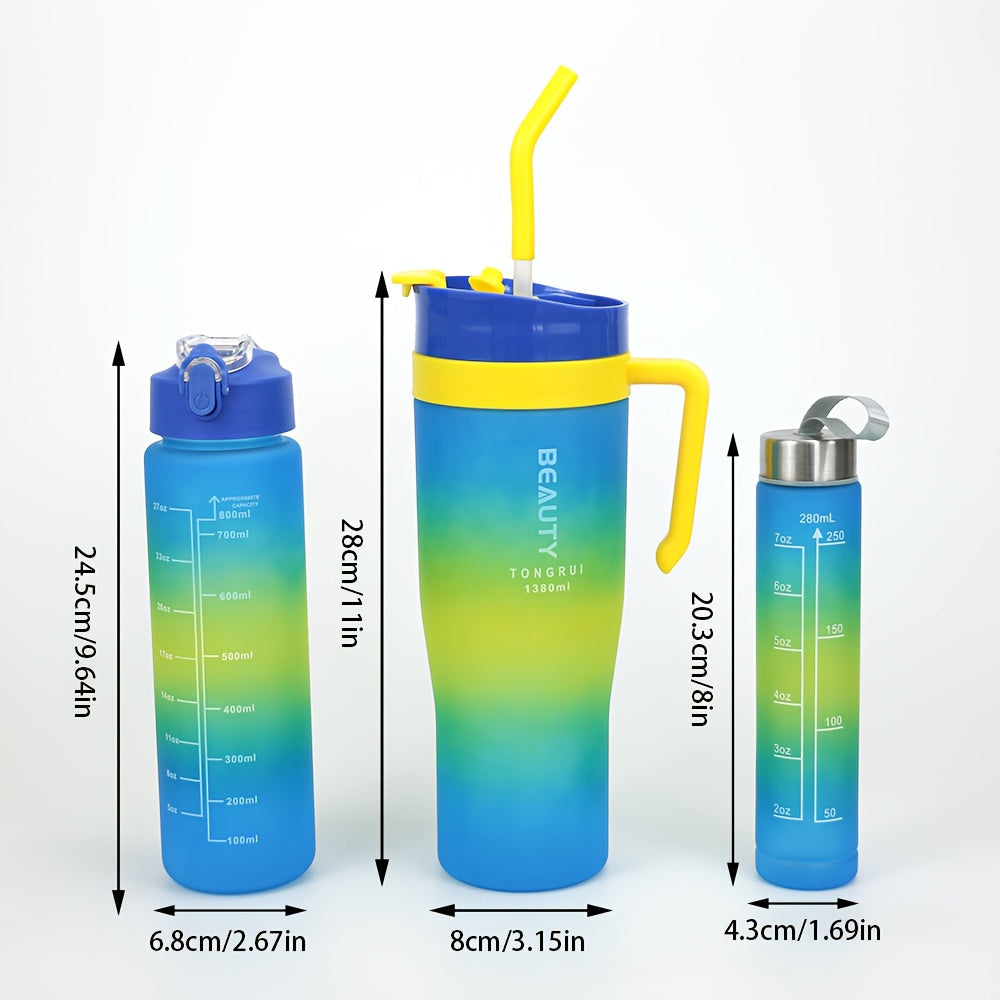 BPA-Free Gradient Water Bottles 5-Piece Set with Straw & Spill-Proof Lid - 46oz 27oz 9oz Leak-Proof Sports Bottles for Gym Travel Outdoor