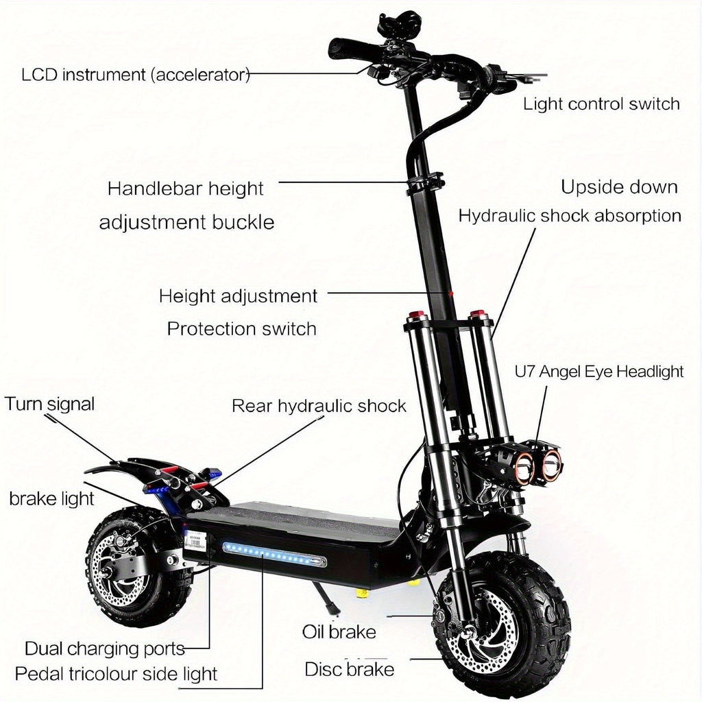 All-Terrain Electric Scooter with Seat - Dual Drive Front & Rear Motors, 60V 38Ah Long Range Battery, Full Hydraulic Suspension, 11-Inch Tires, Front & Rear Disc Brakes | High Speed City & Off-Road Commuter Scooter (Black+Orange)