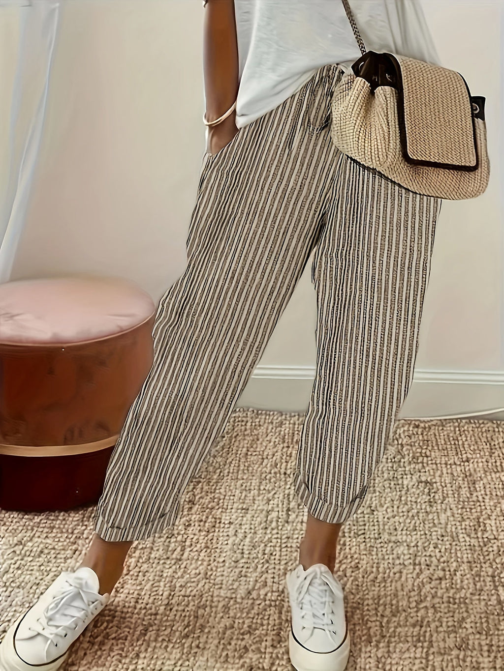 Women's Striped Casual Loose-Fit Ankle Pants - Relaxed Vacation Style Trousers with Pockets, Lightweight Polyester Fabric, Perfect for Summer Travel, Beach Outings & Everyday Wear | S-XXL