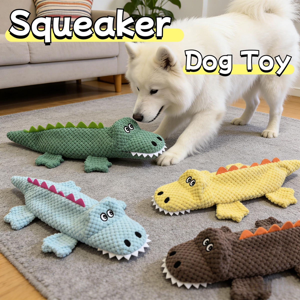 Crocodile Squeaky Plush Dog Toy with Crinkle Paper & BB Sound - Unstuffed Chew-Resistant Dog Toy for Small to Medium Dogs, 4 Colors, Anti-Boredom Interactive Pet Toy, Dog Birthday & Holiday Gift