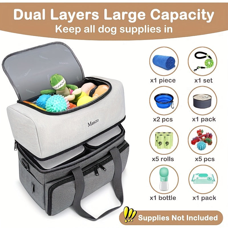 Dog Travel Bag with 2 Extra-Large Food Containers & 2 Collapsible Bowls – Dual-Layer Multi-Pocket Pet Organizer for Road Trips & Camping, Waste Bag Dispenser, Feeding Mat, All Dog Sizes, Gray