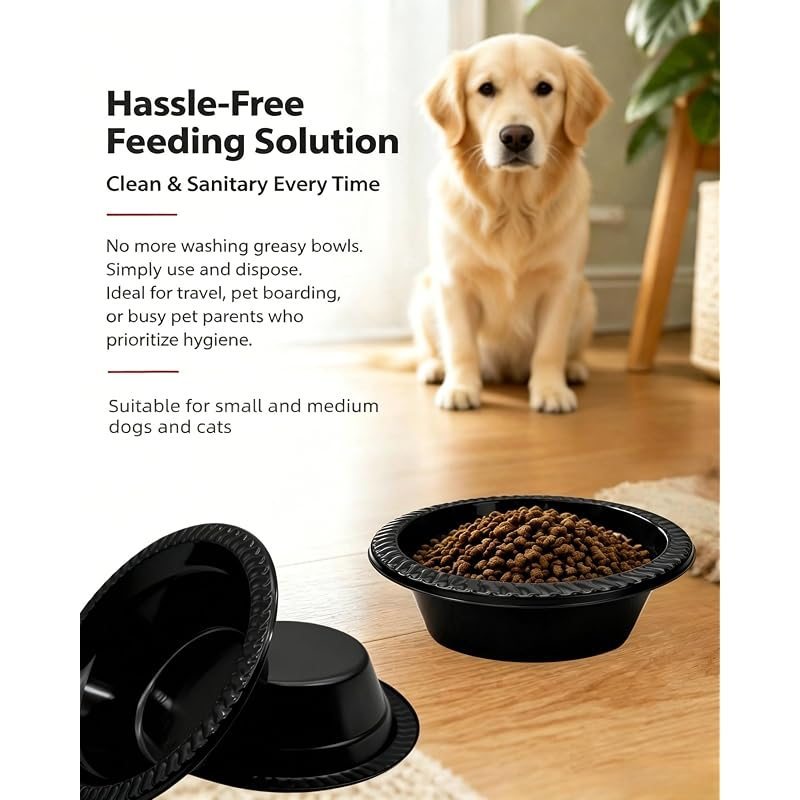 Disposable Pet Bowls 50-Pack 12oz – Round Black Plastic Bowls for Small & Medium Dogs, Travel, Shelter, Kennel, Outdoor & Emergency Feeding, Stackable Hygienic Single-Use