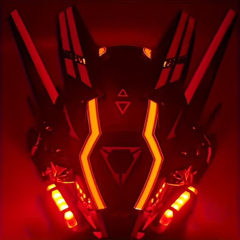 Cyberpunk LED Mask with Horns & Tassels Red and White Futuristic Headwear – Halloween Cosplay Costume, Rave Party Festival Mask, Photography Prop, Dress-Up Accessory & Collectible Gift