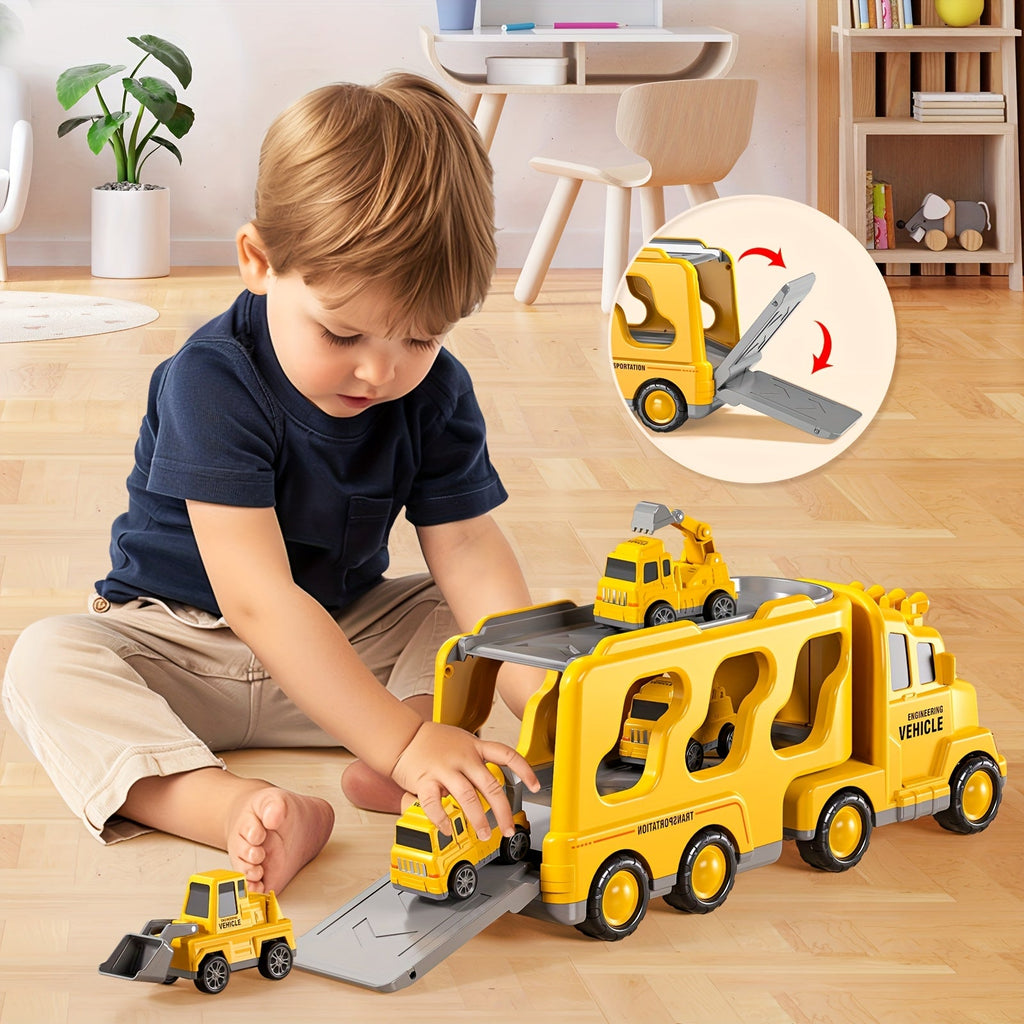 5-in-1 Engineering Vehicle Toy Set for Kids Ages 2+ - Friction-Powered Construction Trucks Including Dump Truck, Excavator & More, Durable Toddler Transport Playset, Birthday & Holiday Gift, Yellow
