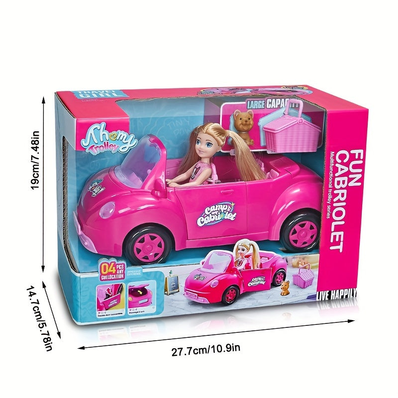 Mini Fashion Doll Convertible Cabriolet Dreamcar Playset with Pet Dog Puppy Dog House Car Model Toy Gift Set for Girls Ages 3+ Imaginative Pretend Play No Batteries