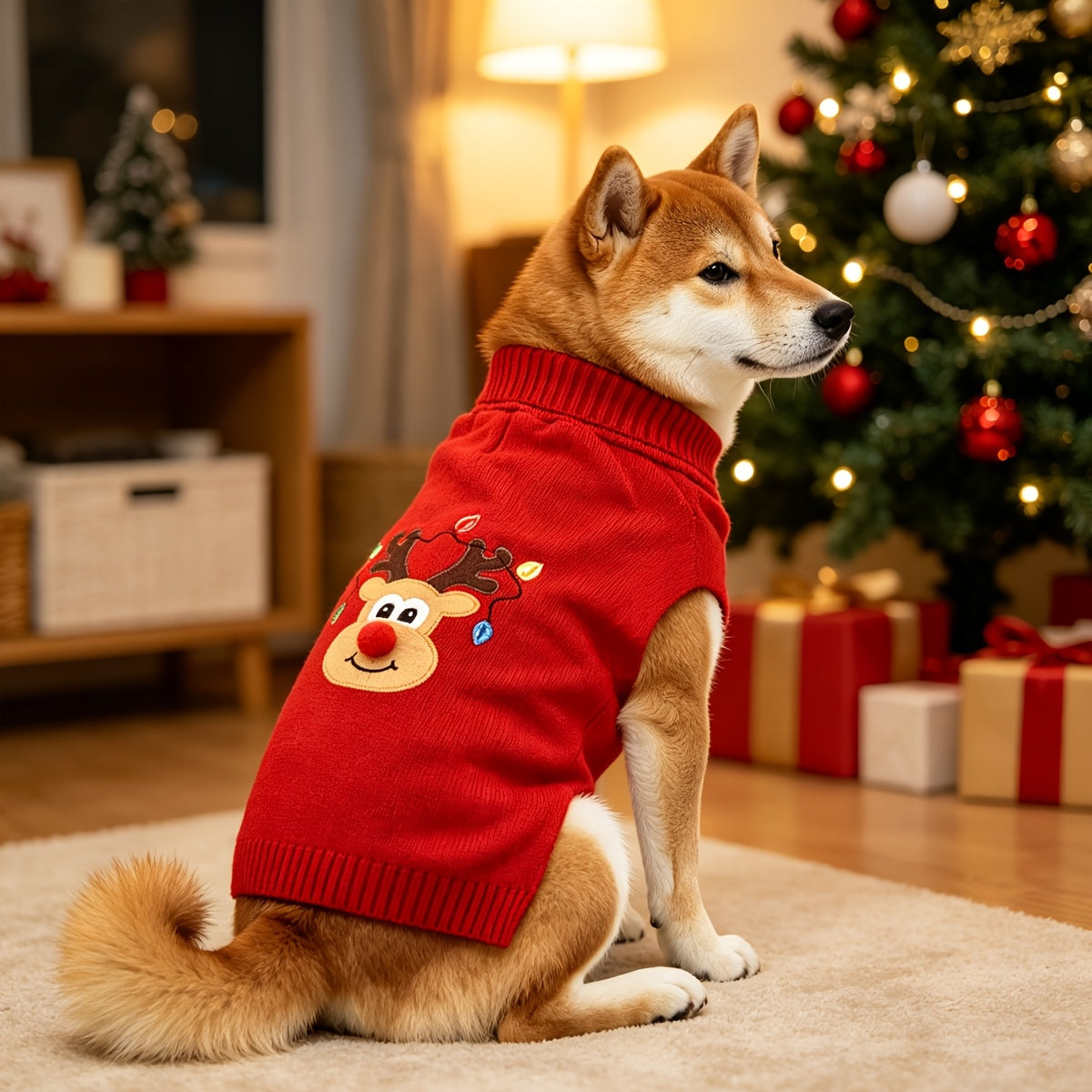 Christmas Deer Dog Sweater – Thickened Knitted Turtleneck Winter Sweater for Medium and Large Dogs, Soft Warm Festive Red Holiday Knitwear for Labrador Rottweiler Beagle, Elastic Cozy Dog Apparel