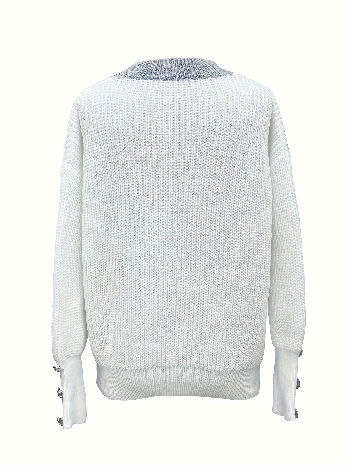 Women's V-Neck Button-Decorated Pullover Sweater – Casual Solid Color Knit Top for Fall Winter, Lightweight Polyester Stretch Pullover, Sizes S-XXL, White & Sea Blue